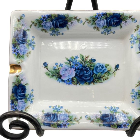 Unbranded Ashtray Blue Floral Transferware Gold Trim Porcelain Tray Vintage Matc - Picture 5 of 10